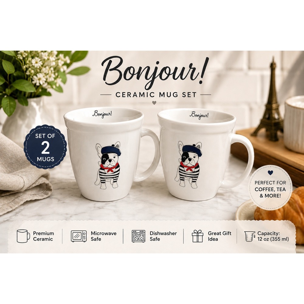 Natural Life Bonjour French Bulldog Ceramic Mug Set 12oz White Frenchie 2 Pack